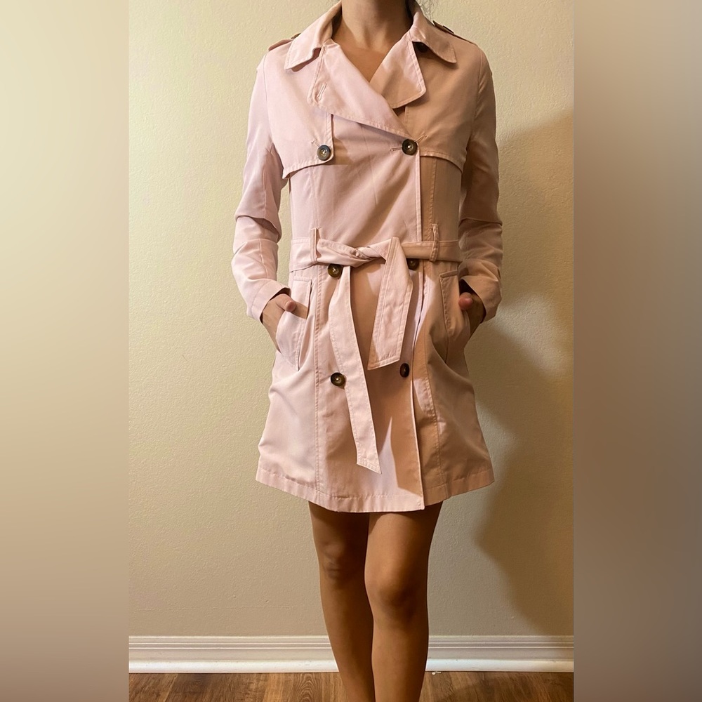 DOUBLES BREASTED TRENCH COAT, CASUAL SOLID LONG SLEEVE, PINK